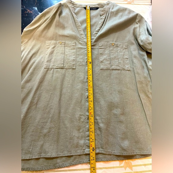 Zara Women's Linen Blend Front Roll Tab Sleeve Top Blouse Shirt Olive Sz XLarge - Picture 6 of 7